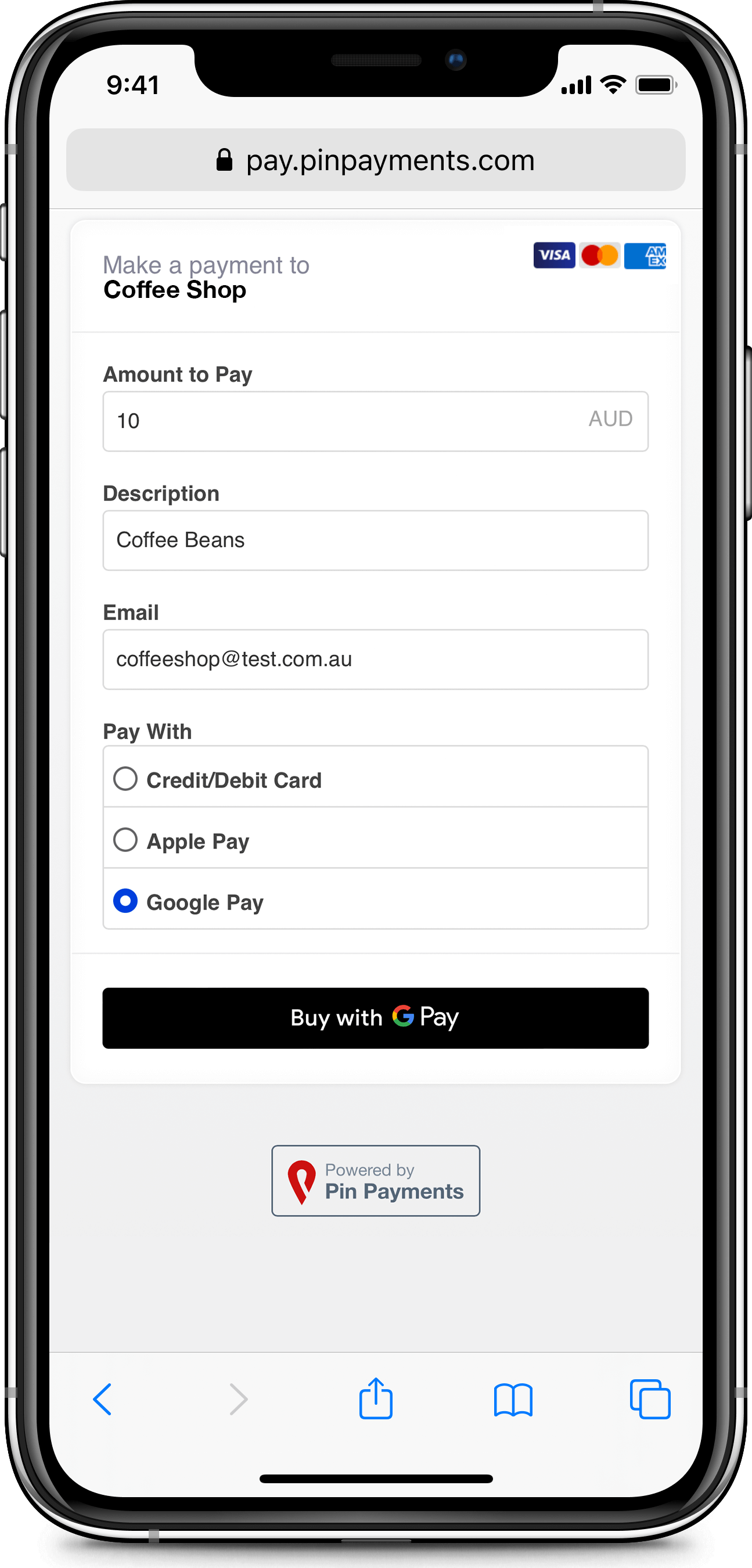 A user selects Google Pay as their payment method using Pin Payments' Payment Page.